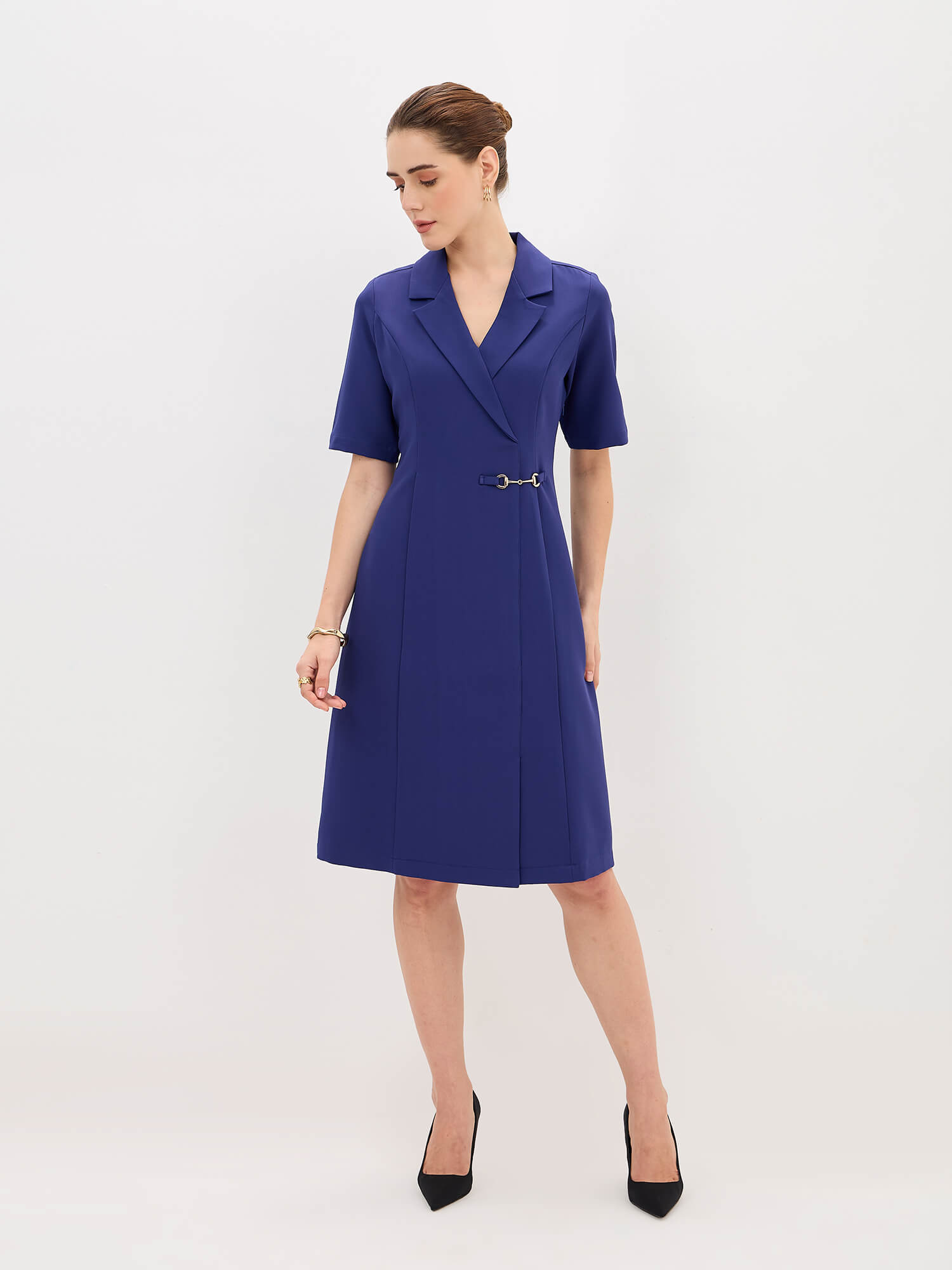 Arcadia Notch Collar Pleated Dress-Ink Blue