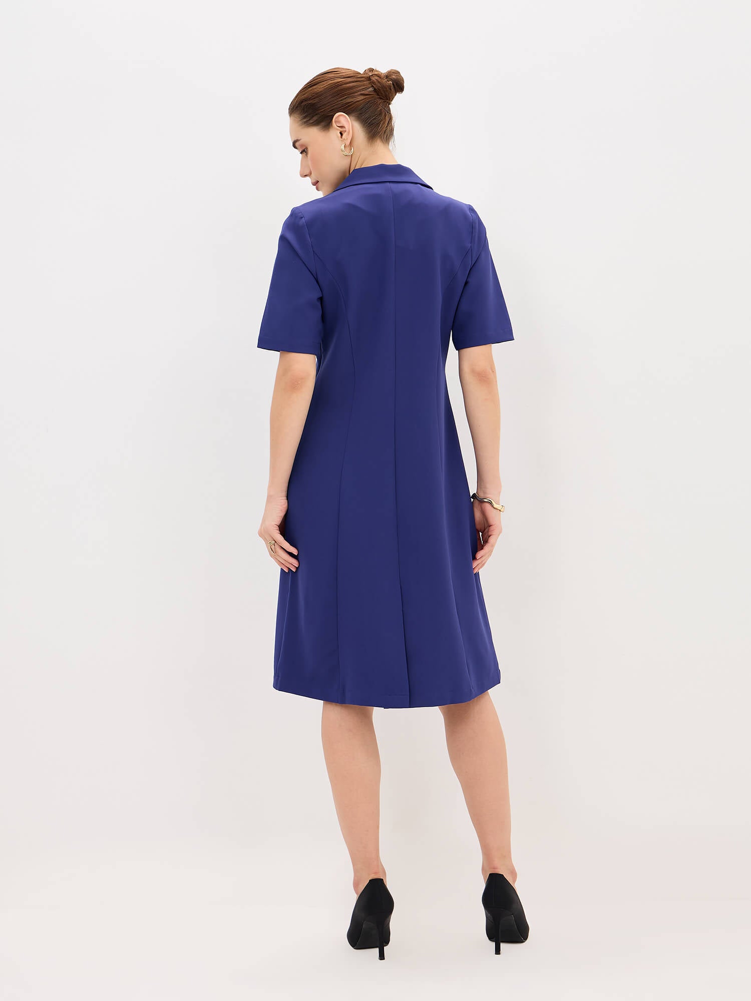 Arcadia Notch Collar Pleated Dress-Ink Blue