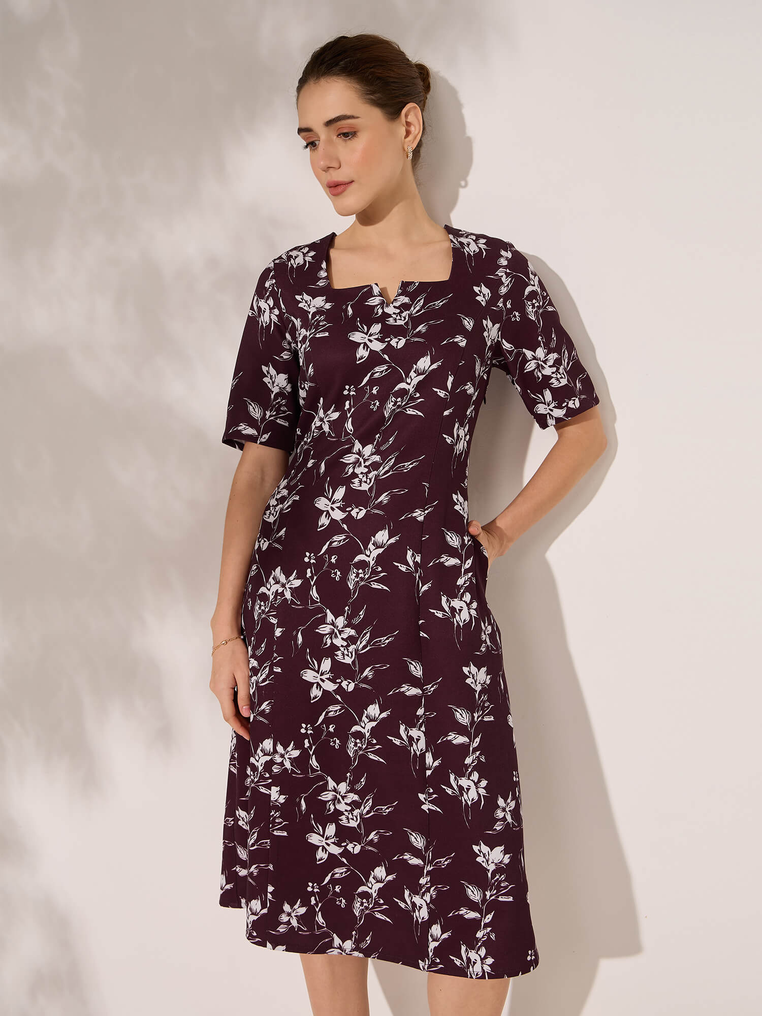Julien Panelled Square Neck Dress-Wine&amp;Ivory