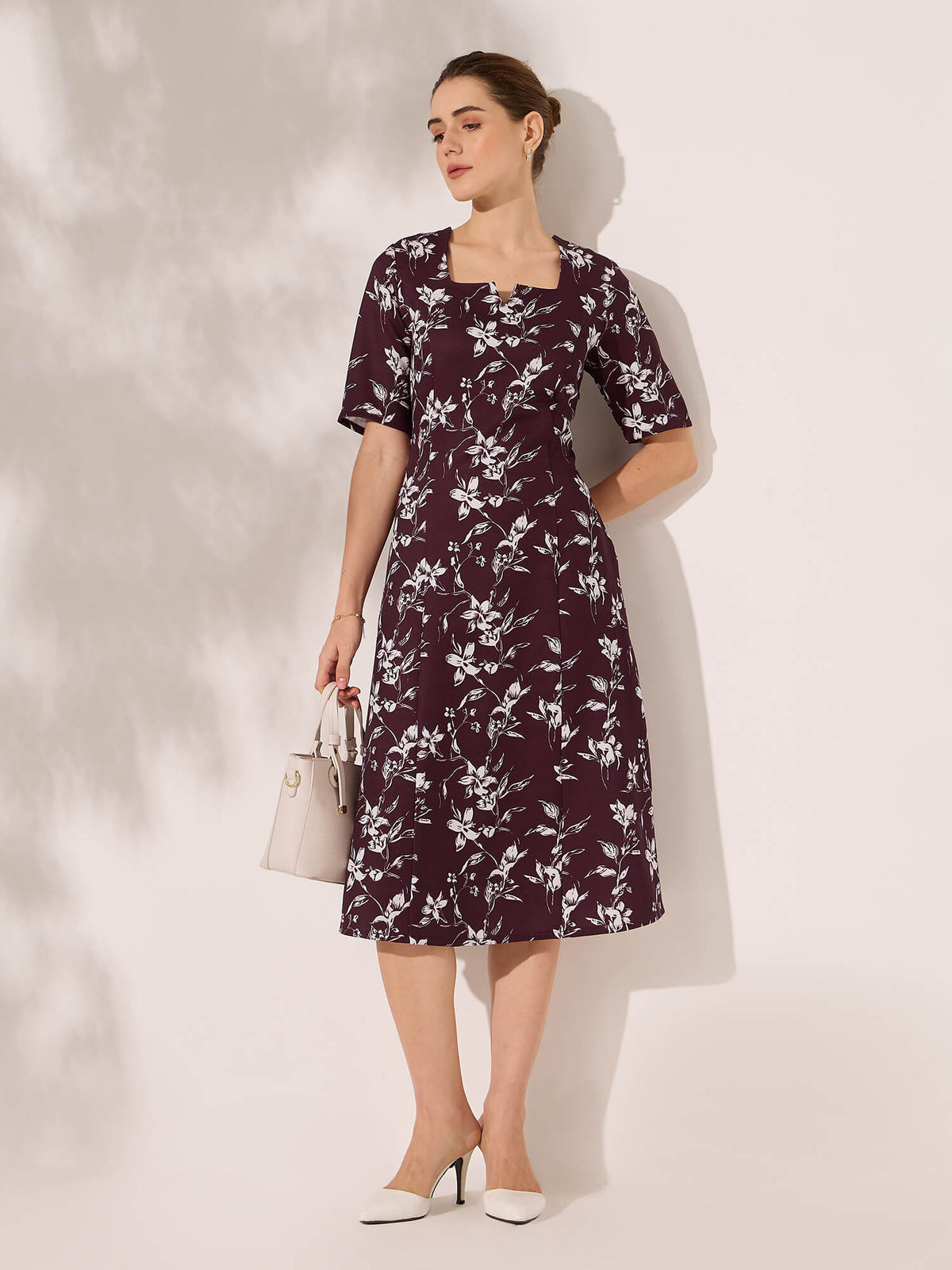 Julien Panelled Square Neck Dress-Wine&amp;Ivory