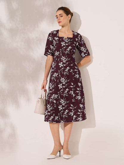 Julien Panelled Square Neck Dress-Wine&amp;Ivory