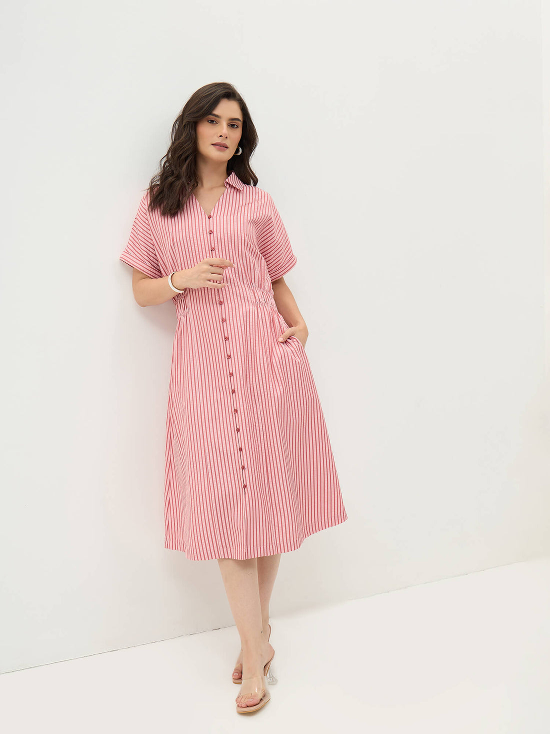 Aurel Side Elasticated Detail Dress-Coral Pink