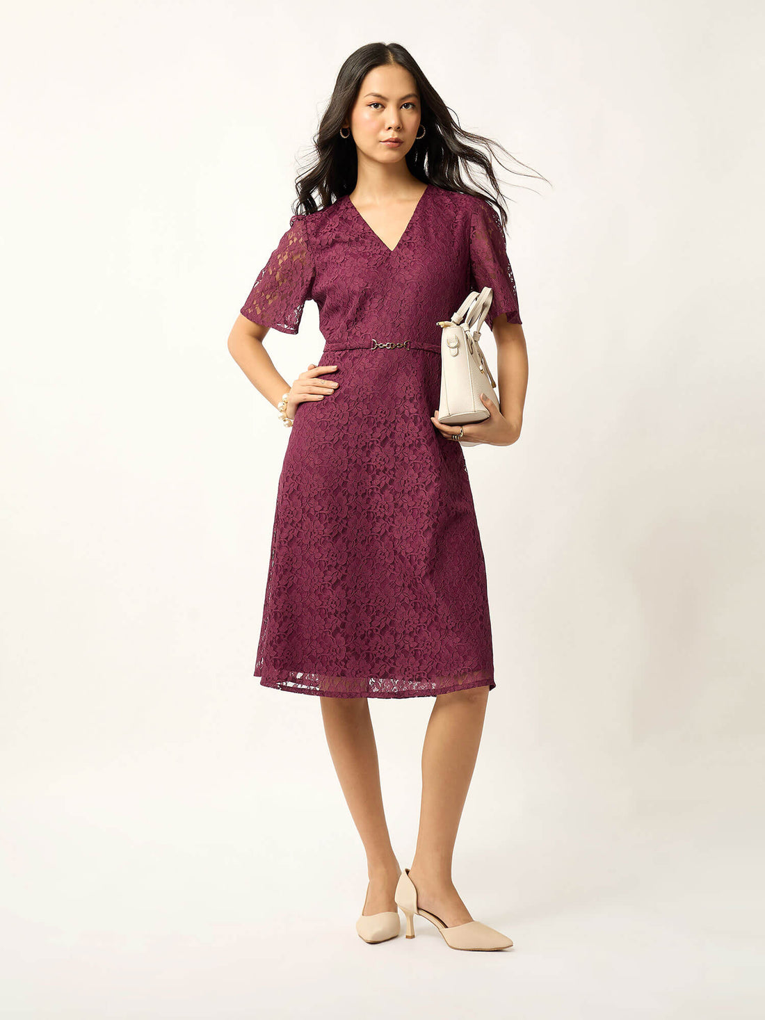 Zaria Fit &amp; Flare Lace Dress With Trim-Wine