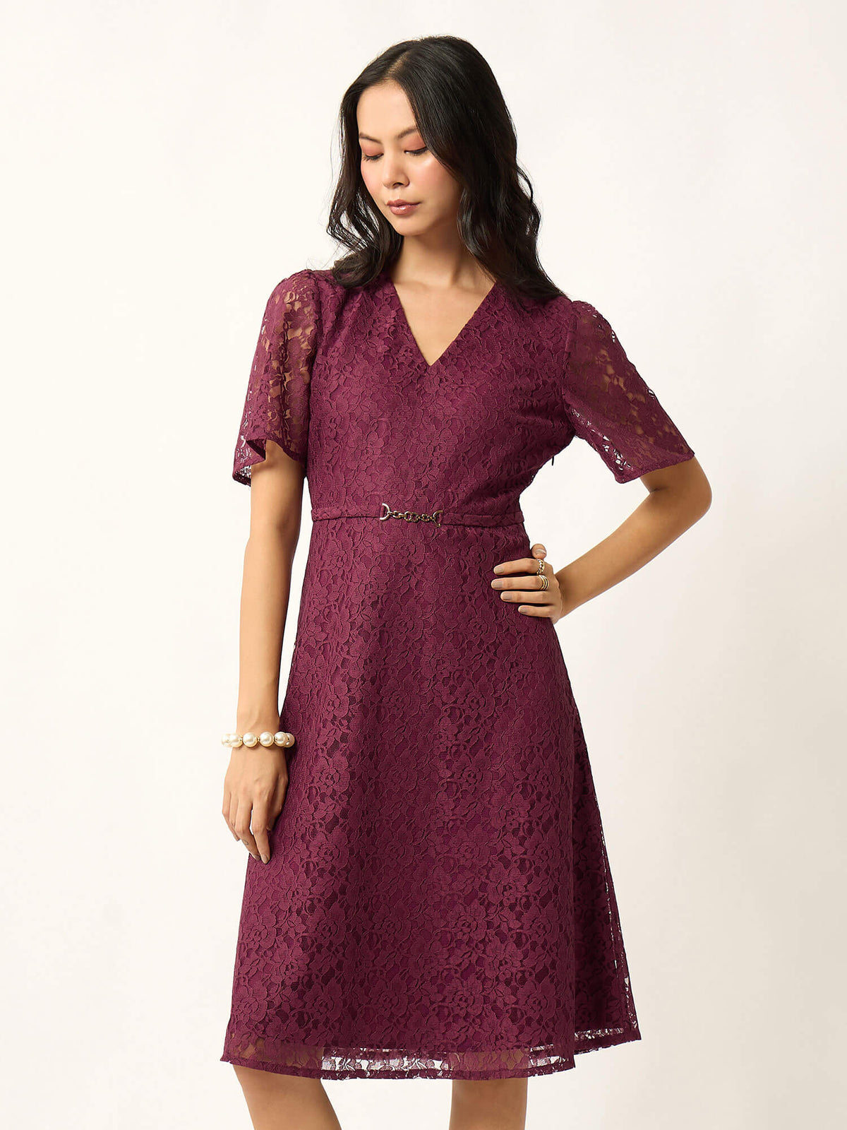 Zaria Fit &amp; Flare Lace Dress With Trim-Wine