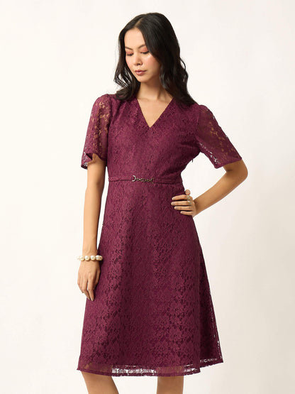 Zaria Fit &amp; Flare Lace Dress With Trim-Wine