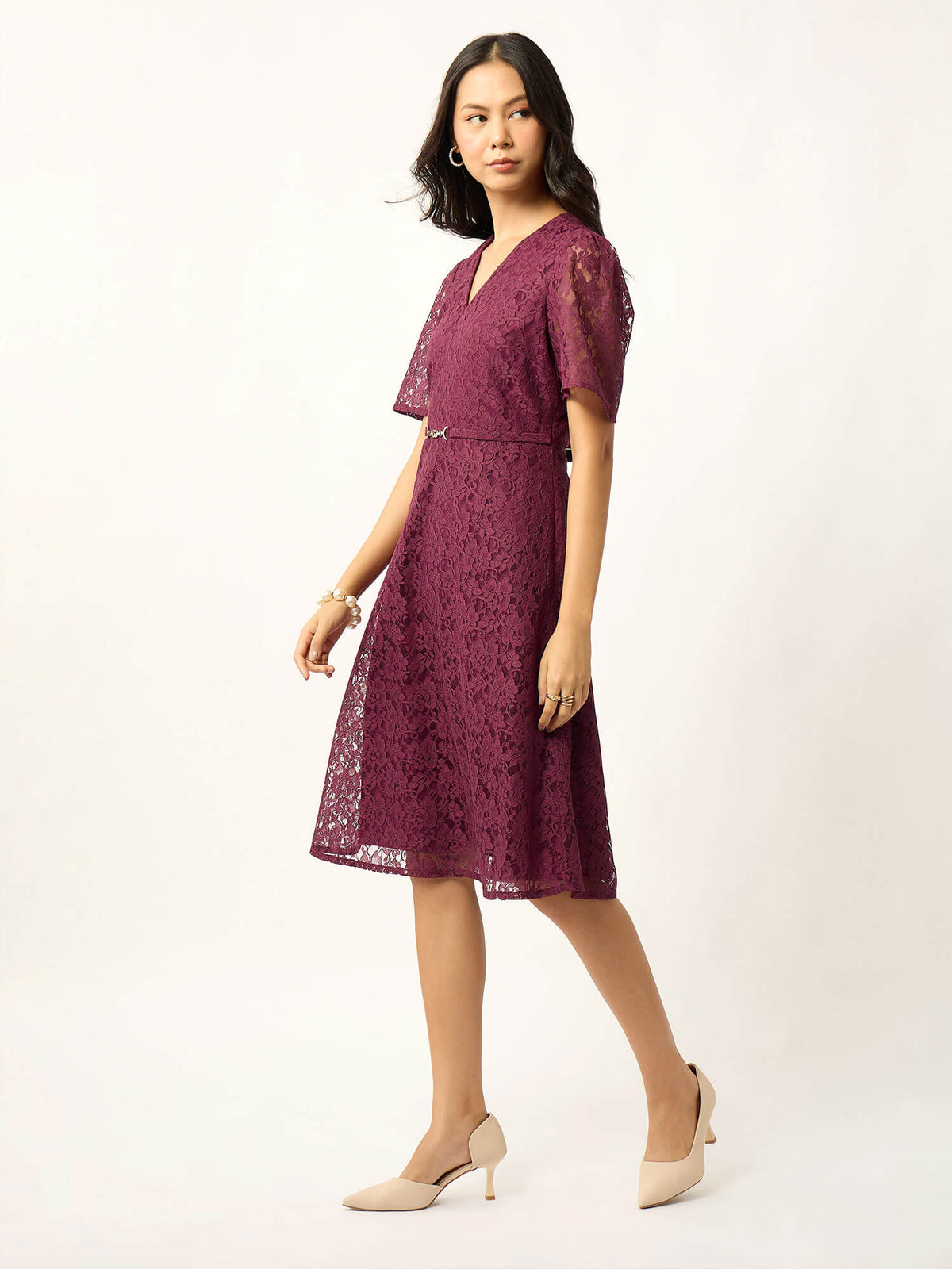 Zaria Fit &amp; Flare Lace Dress With Trim-Wine