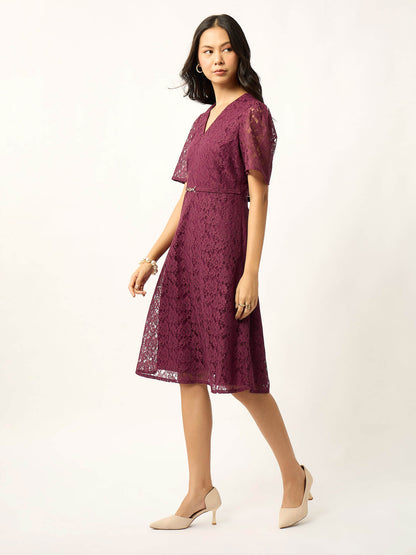 Zaria Fit &amp; Flare Lace Dress With Trim-Wine
