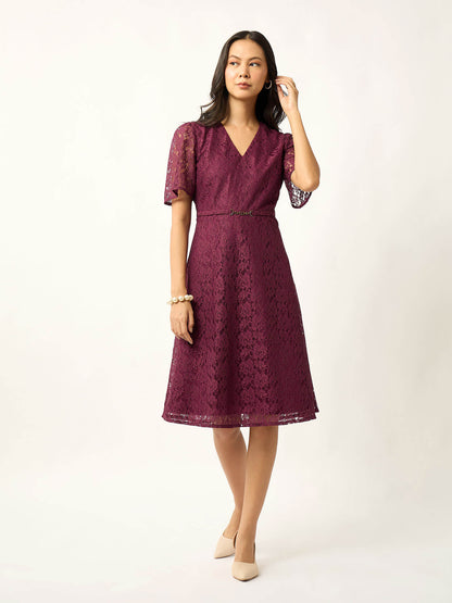 Zaria Fit &amp; Flare Lace Dress With Trim-Wine