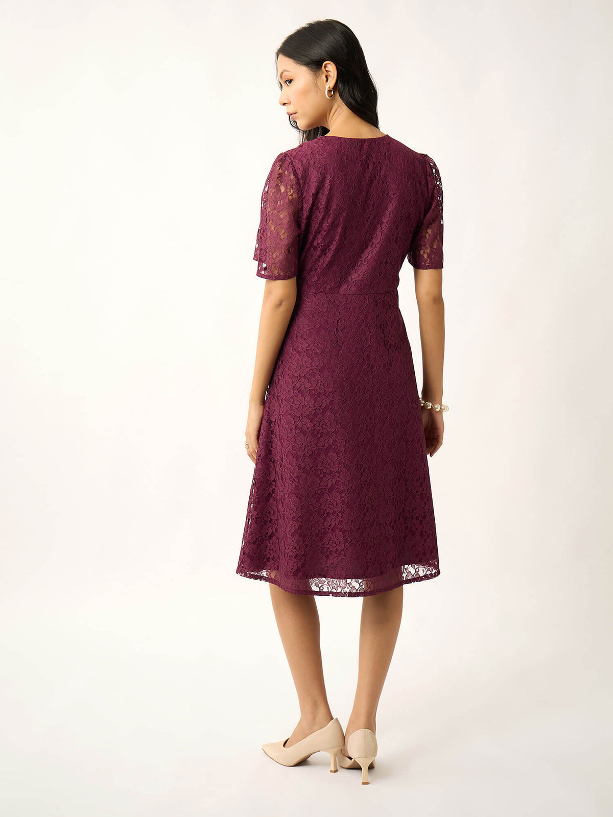 Zaria Fit &amp; Flare Lace Dress With Trim-Wine