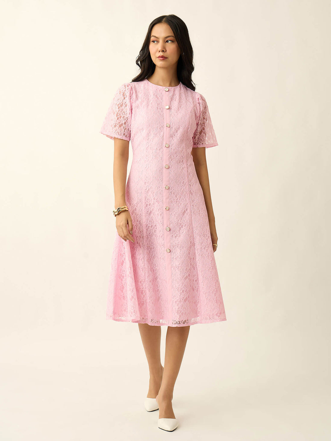 Seline Placket Lace Dress-Pink