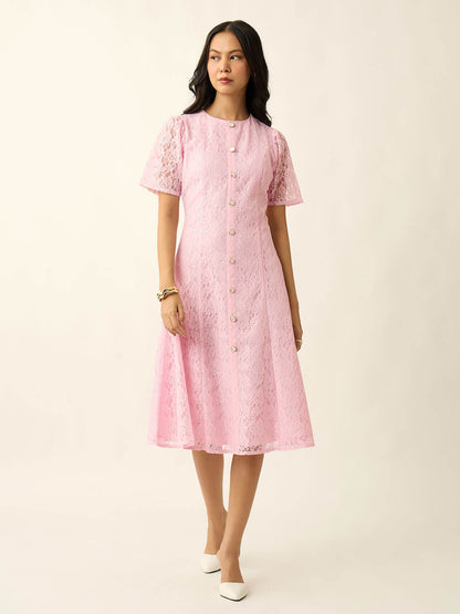 Seline Placket Lace Dress-Pink