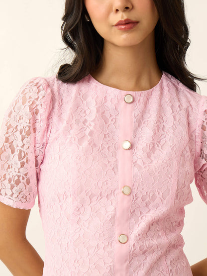 Seline Placket Lace Dress-Pink