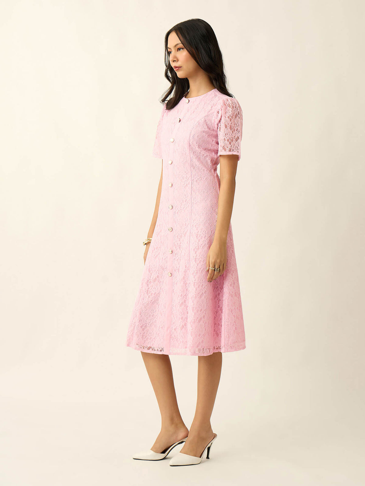 Seline Placket Lace Dress-Pink