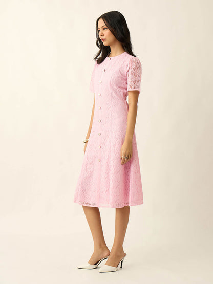 Seline Placket Lace Dress-Pink