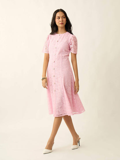 Seline Placket Lace Dress-Pink
