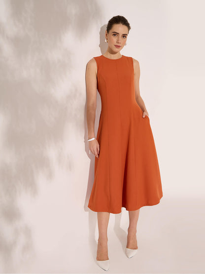 Nerissa Panelled Detail Fit and Flare Dress-Orange