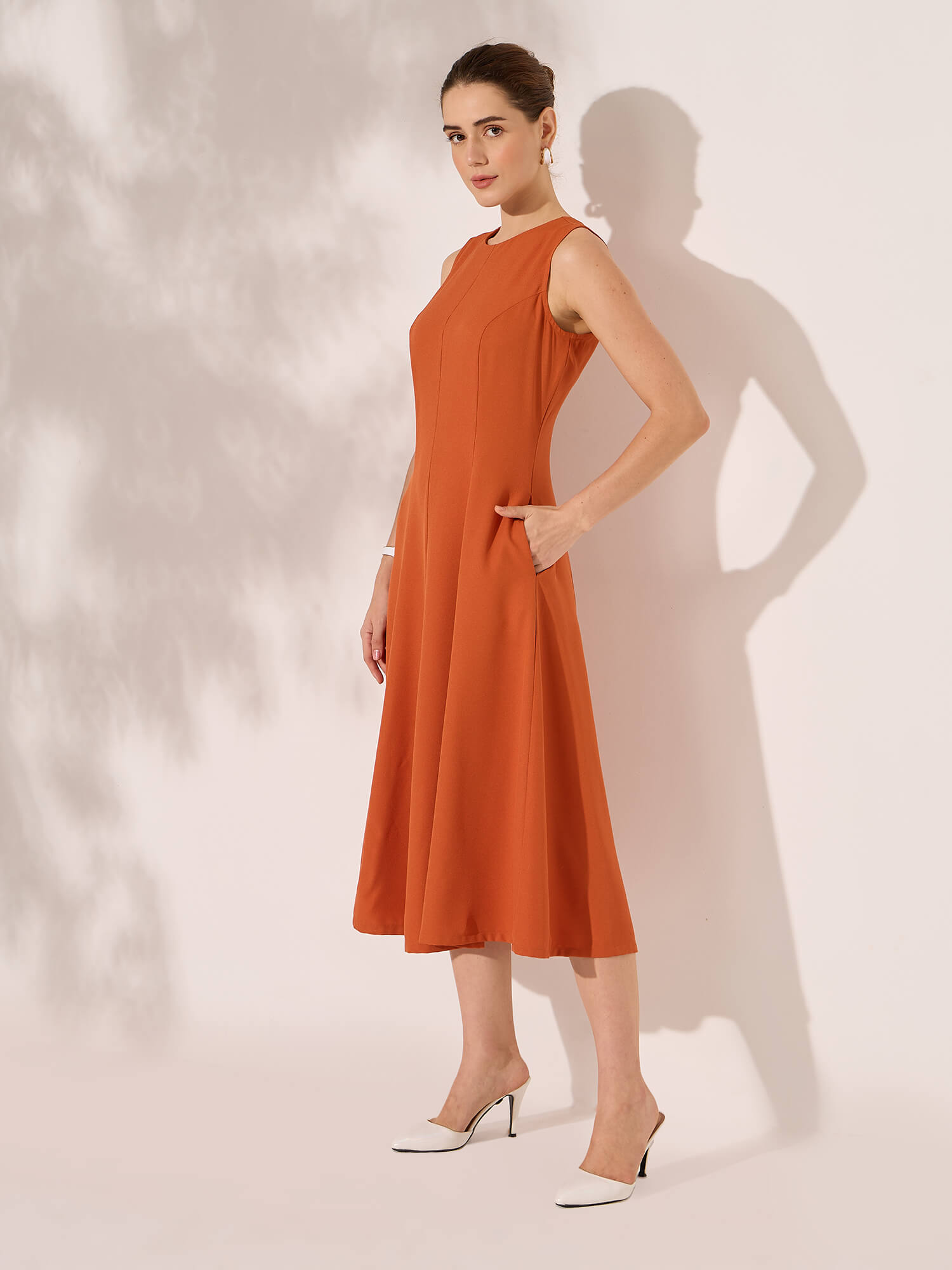 Nerissa Panelled Detail Fit and Flare Dress-Orange