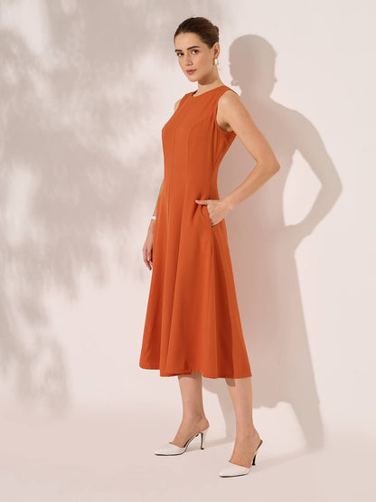 Nerissa Panelled Detail Fit and Flare Dress-Orange