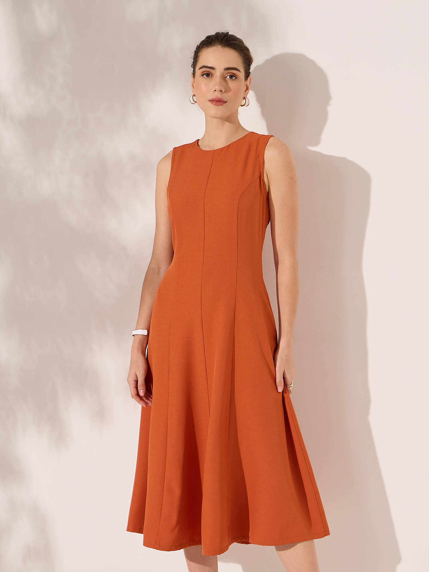 Nerissa Panelled Detail Fit and Flare Dress-Orange