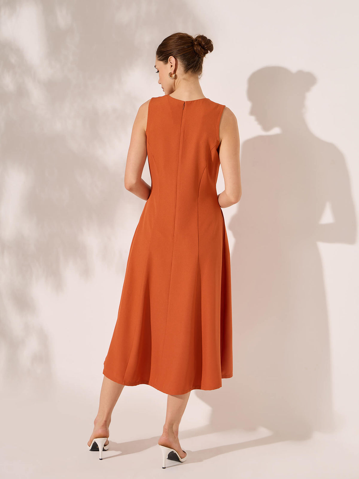Nerissa Panelled Detail Fit and Flare Dress-Orange