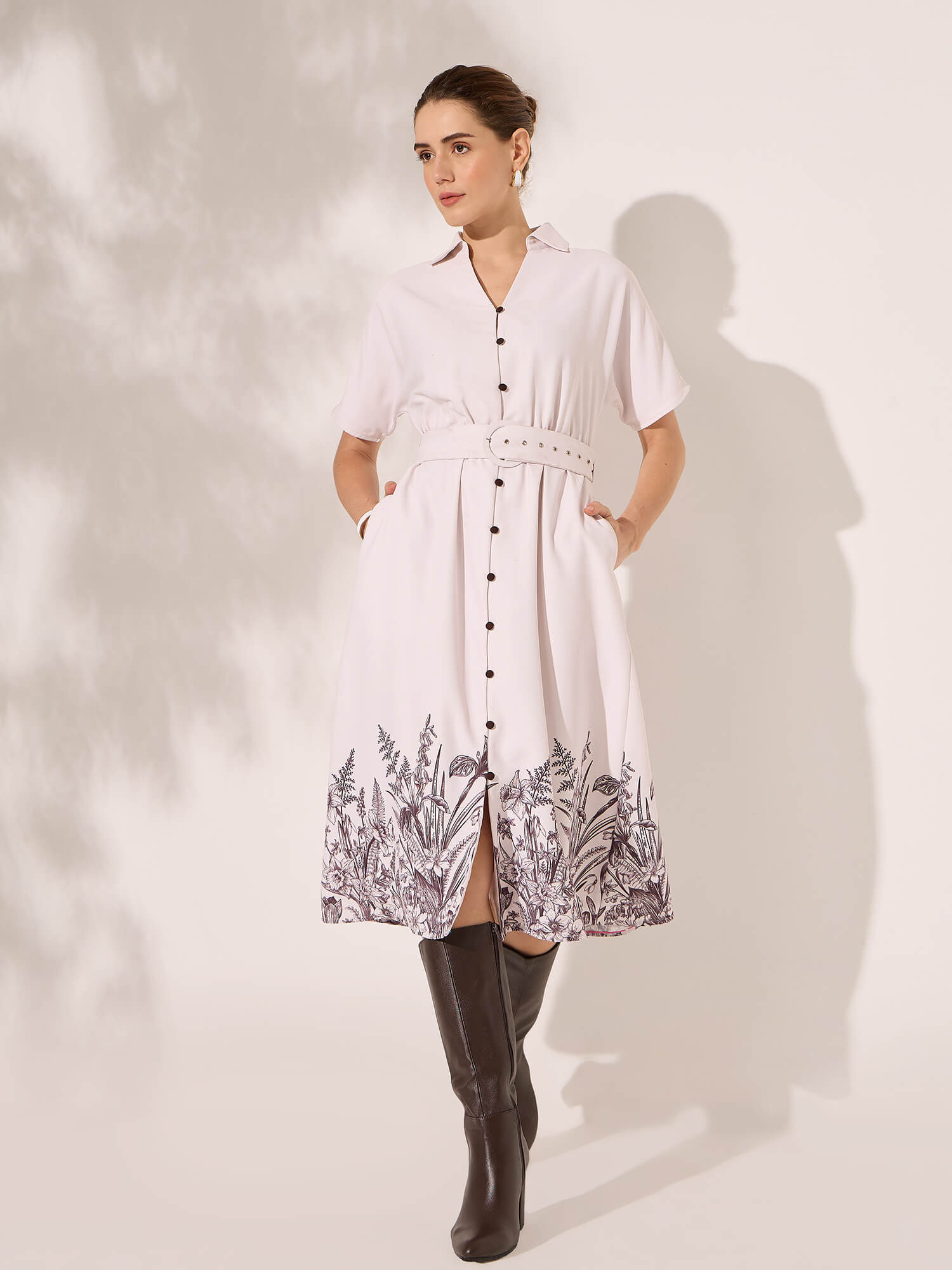 Anya Dolman Sleeve Shirt Dress With Placement Print-Beige&amp;Brown