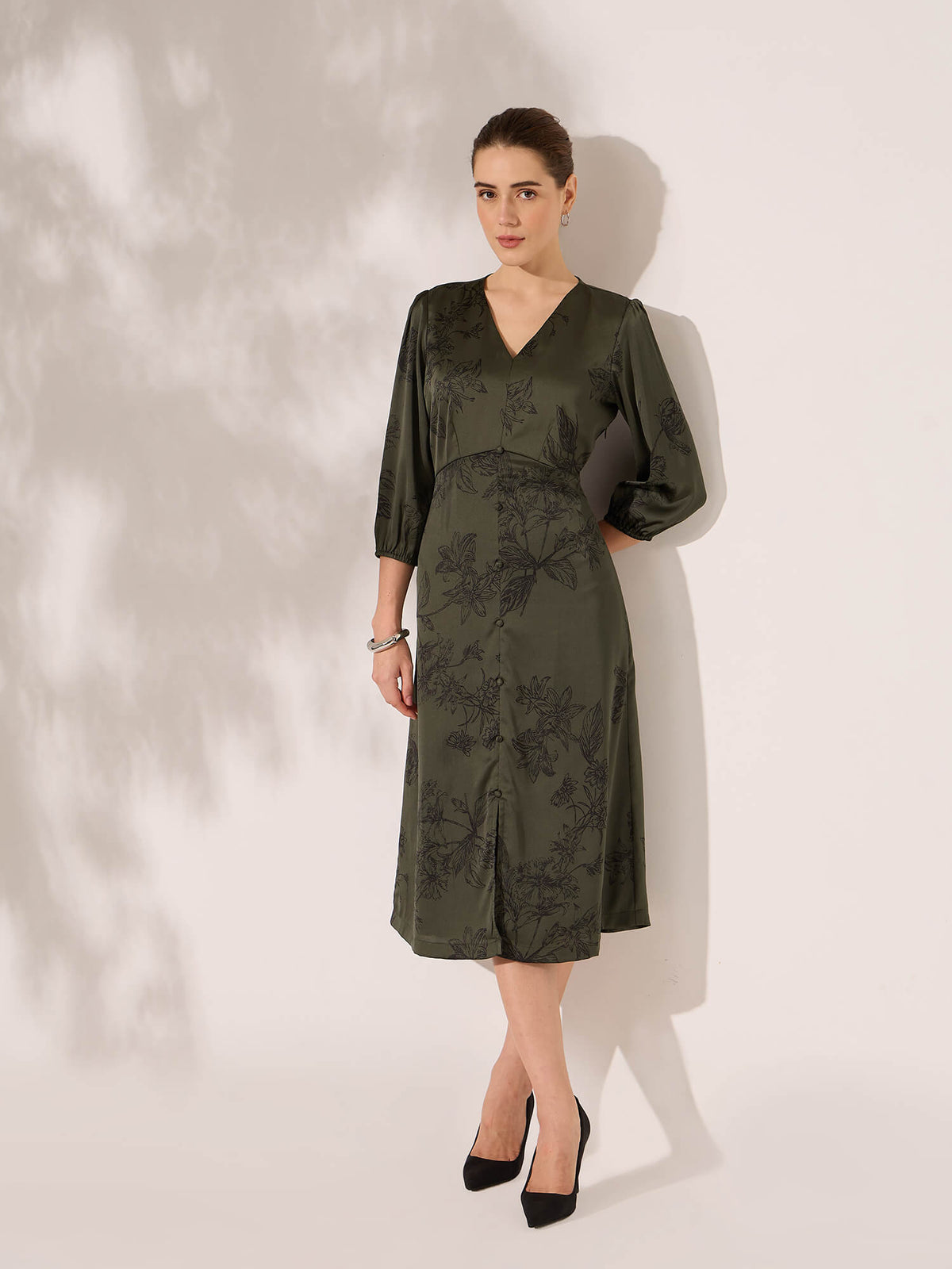 Elaria Printed Empire Waist Dress-Dark Green