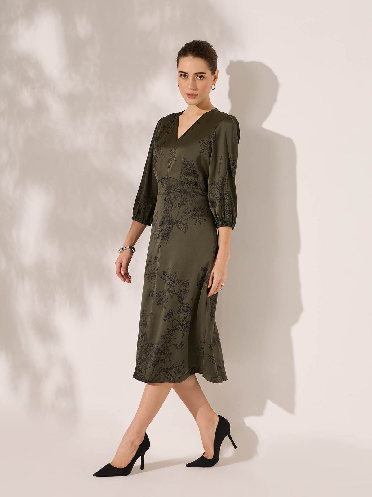 Elaria Printed Empire Waist Dress-Dark Green