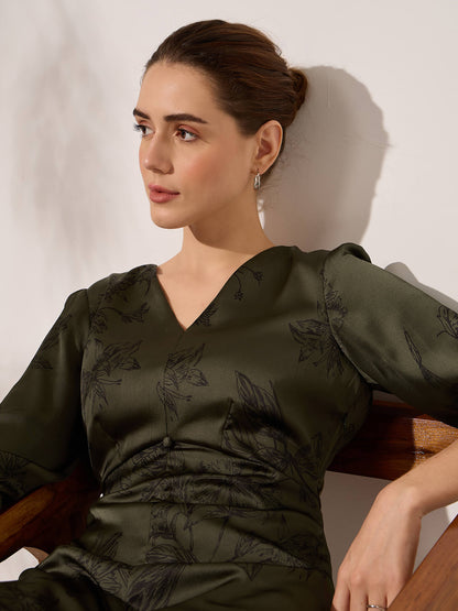 Elaria Printed Empire Waist Dress-Dark Green