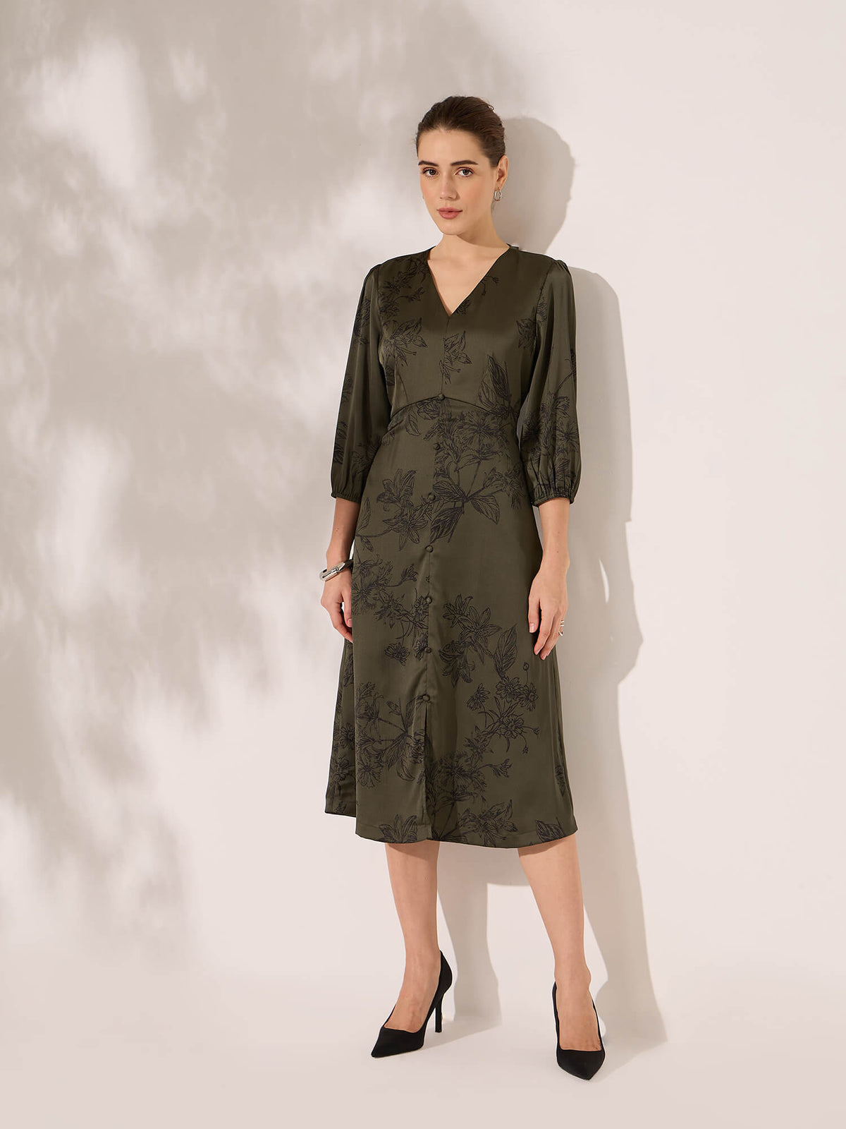 Elaria Printed Empire Waist Dress-Dark Green