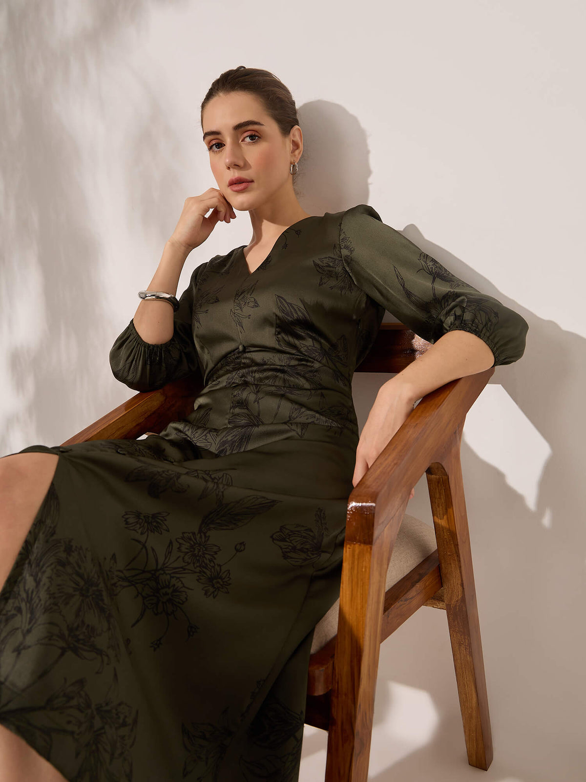 Elaria Printed Empire Waist Dress-Dark Green