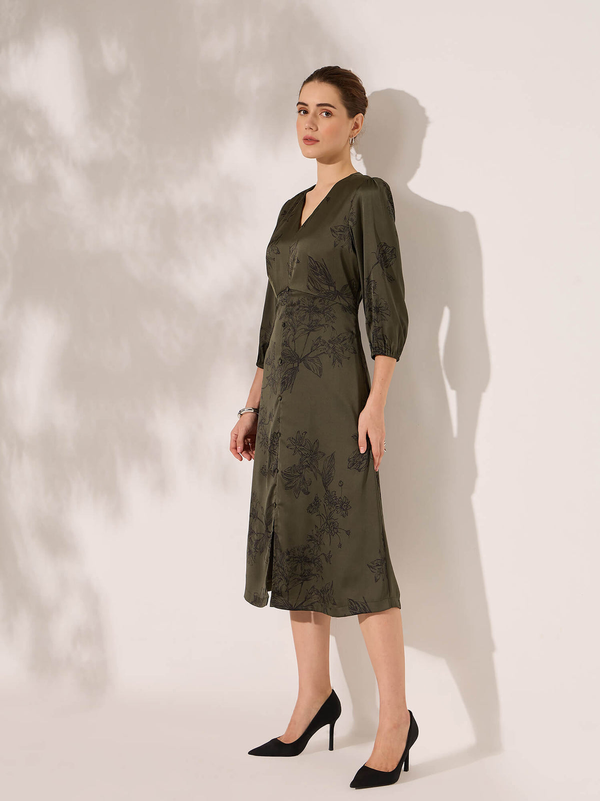 Elaria Printed Empire Waist Dress-Dark Green