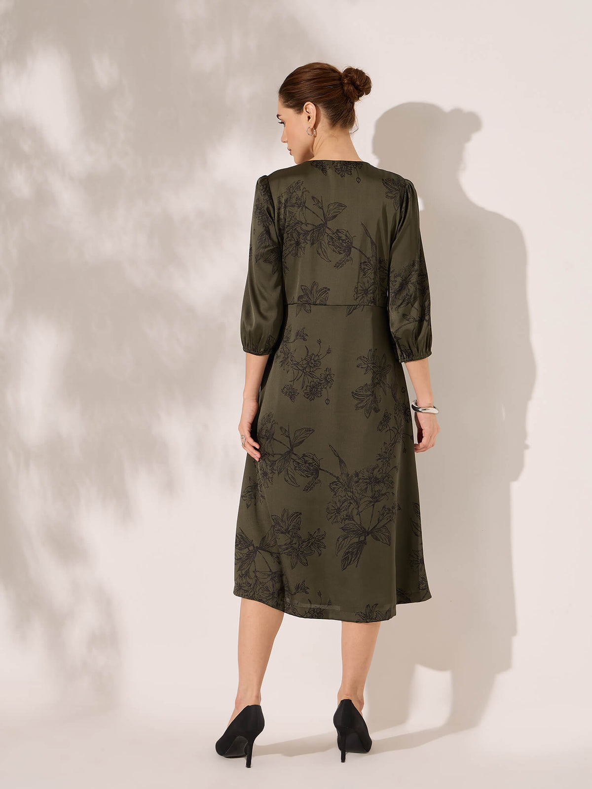 Elaria Printed Empire Waist Dress-Dark Green