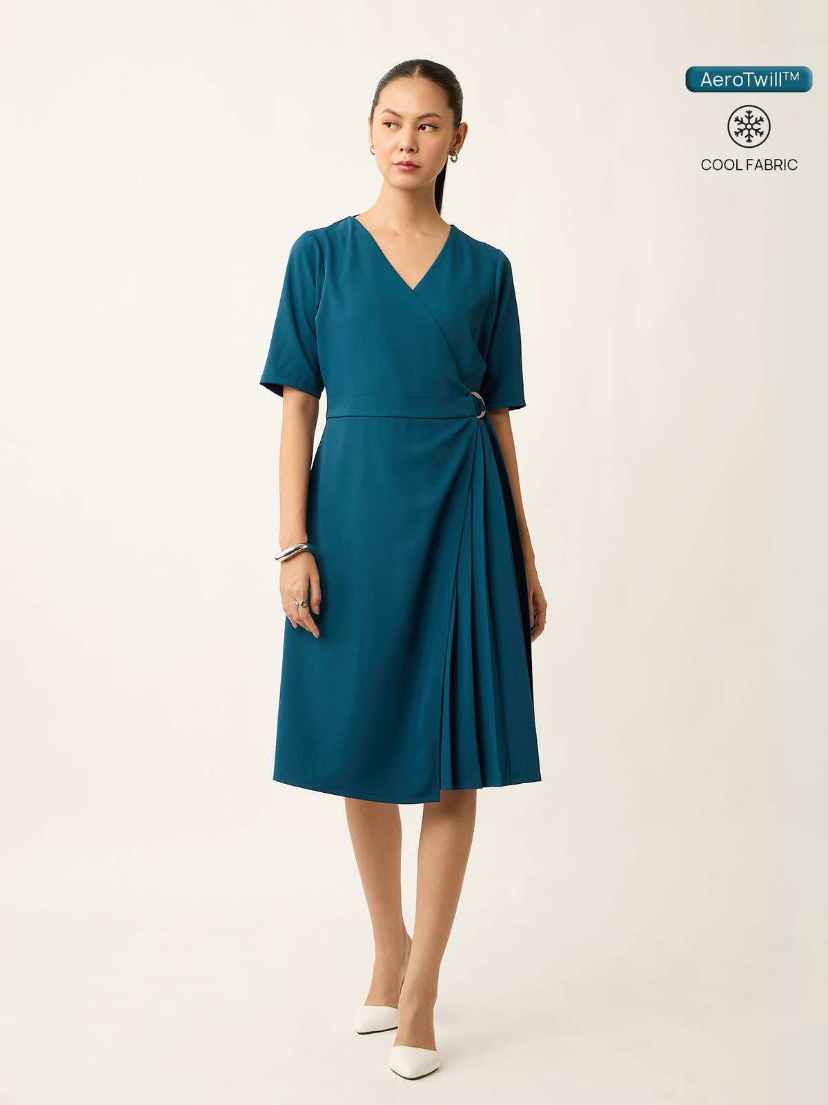 Avoria Pleat Detail Wrap Dress-Teal