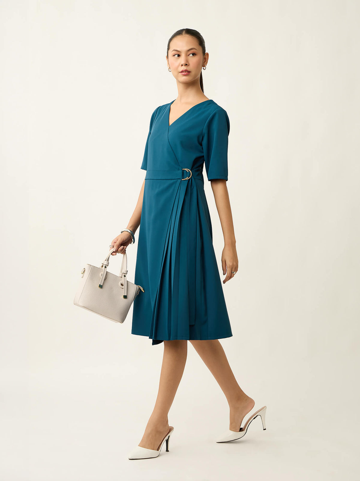 Avoria Pleat Detail Wrap Dress-Teal