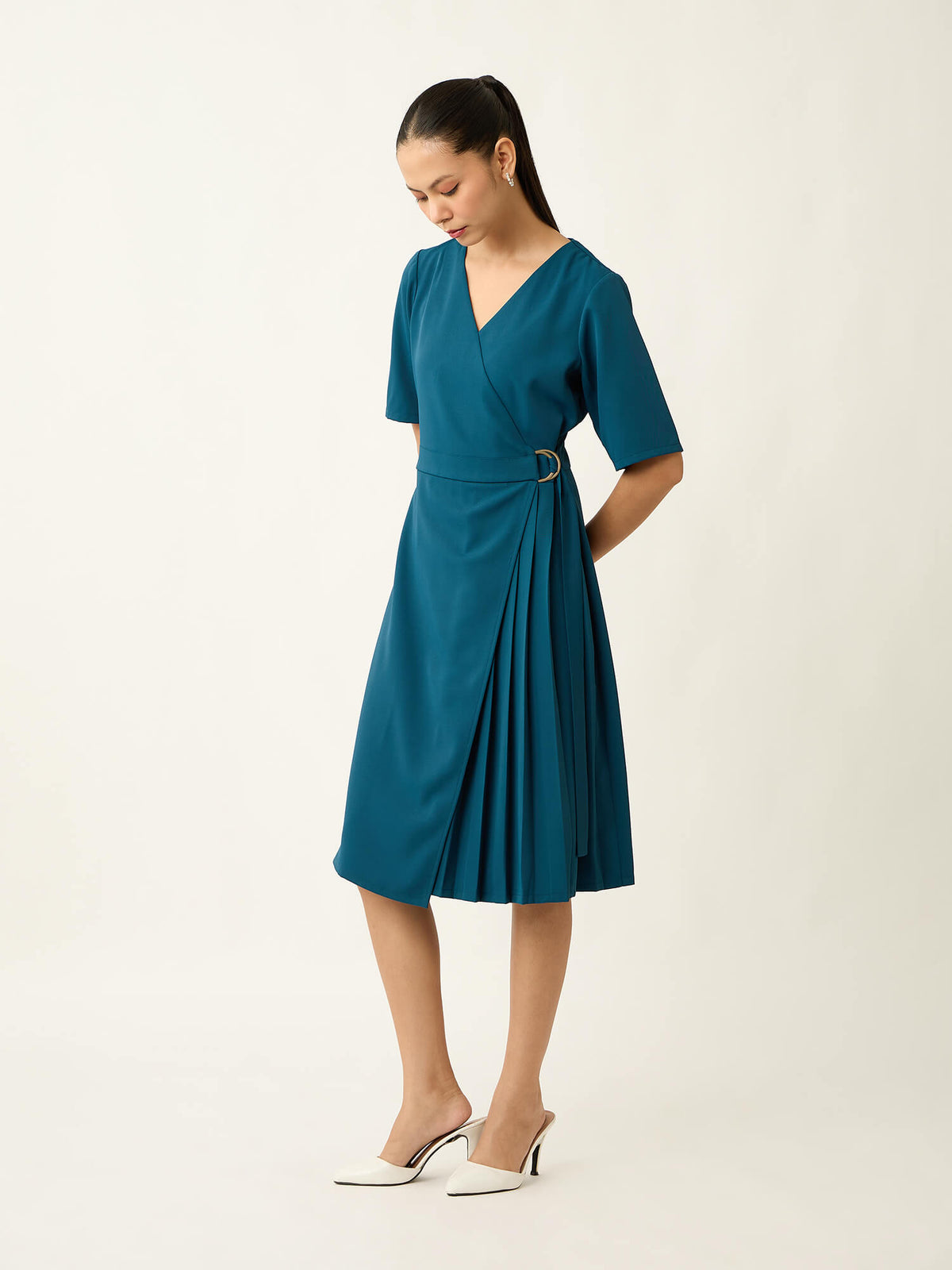 Avoria Pleat Detail Wrap Dress-Teal