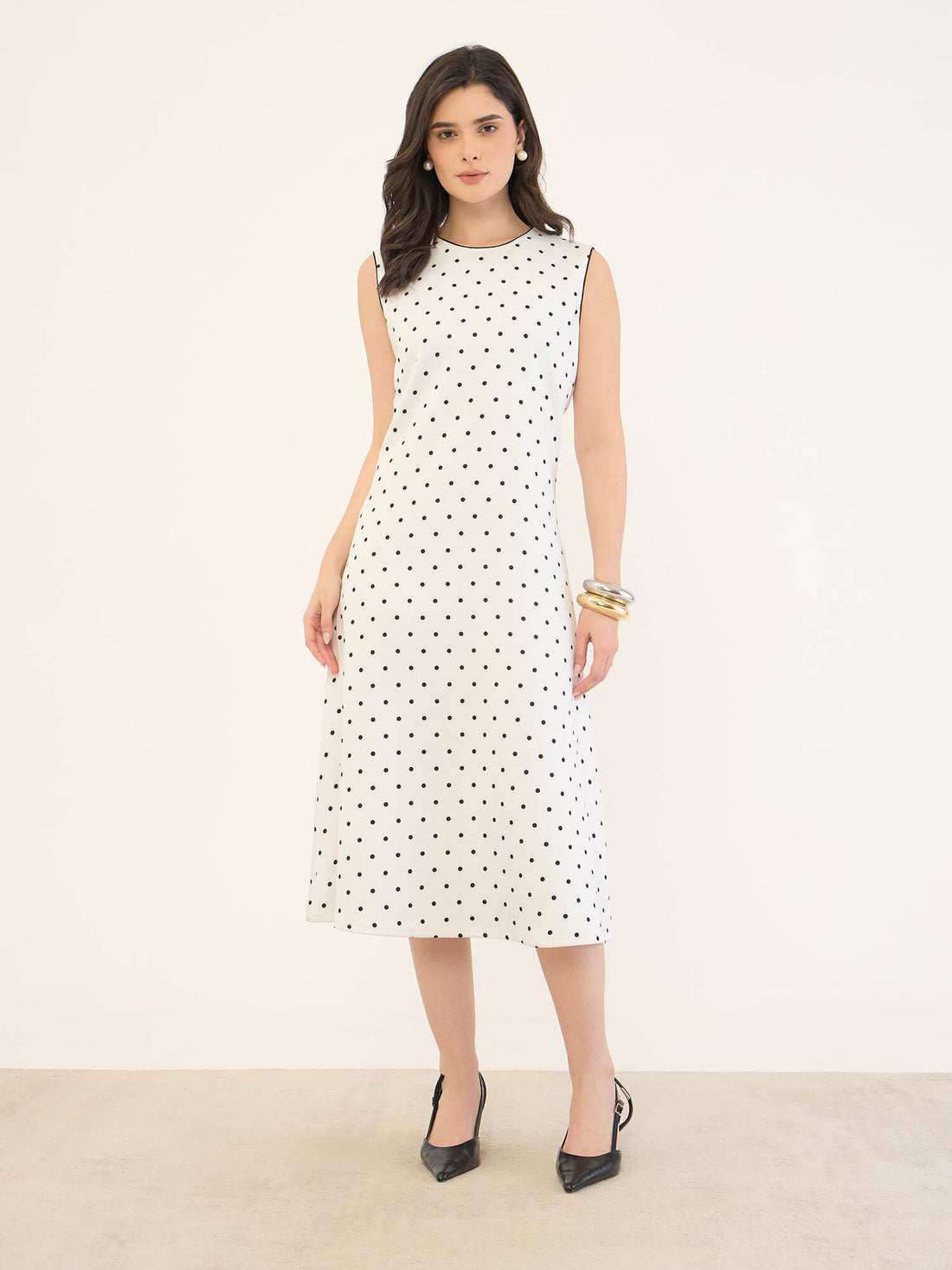 Dotella Contrast Detail Flared Midi Dress -White