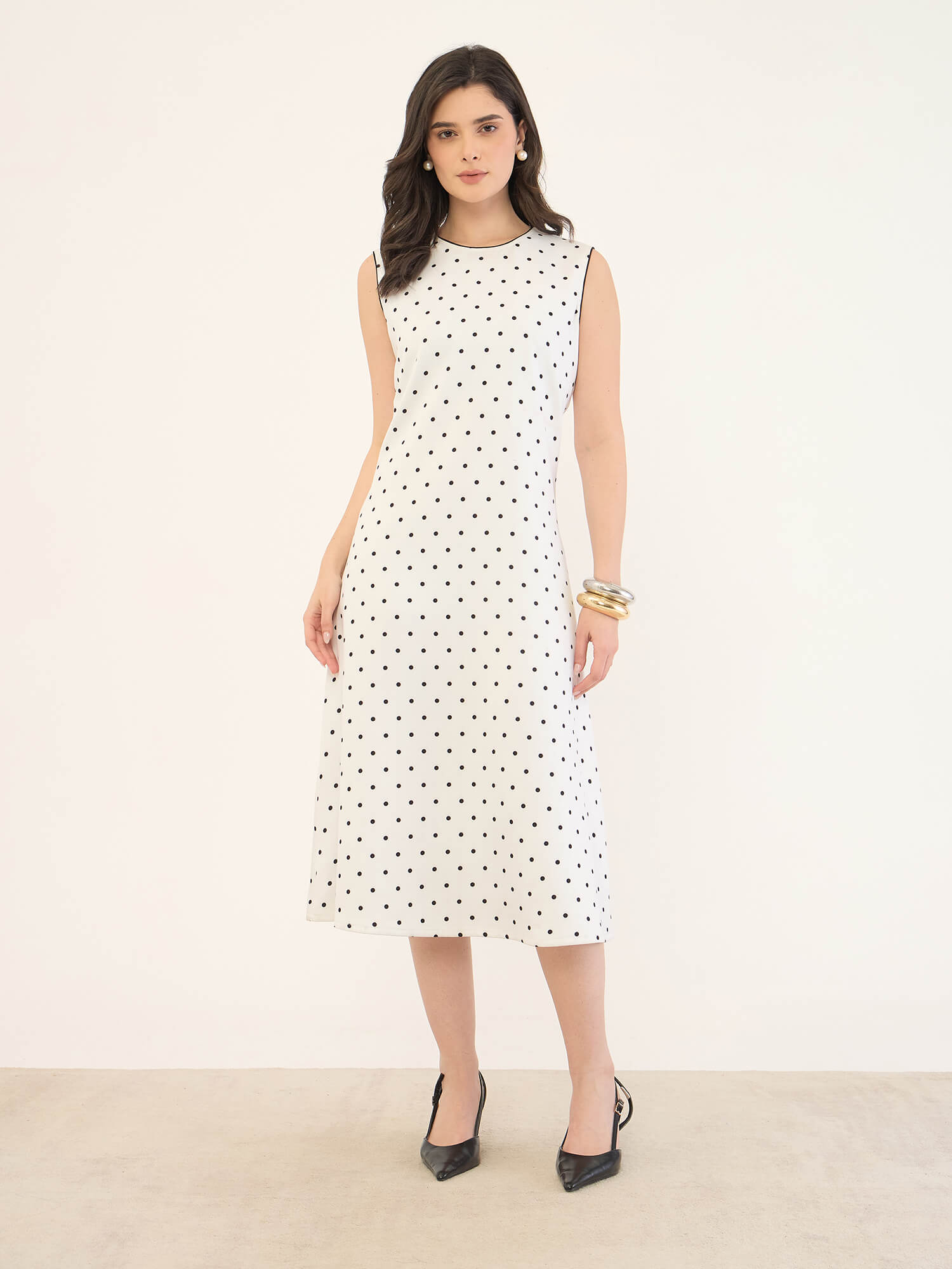 Dotella Contrast Detail Flared Midi Dress -White