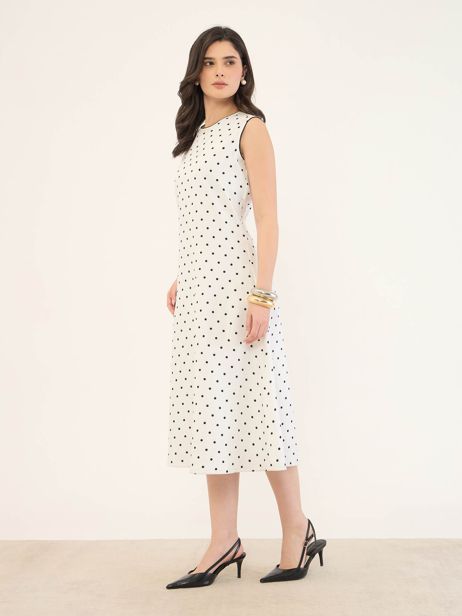 Dotella Contrast Detail Flared Midi Dress -White