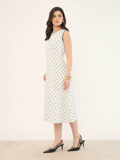 Dotella Contrast Detail Flared Midi Dress -White