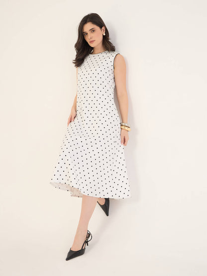 Dotella Contrast Detail Flared Midi Dress -White