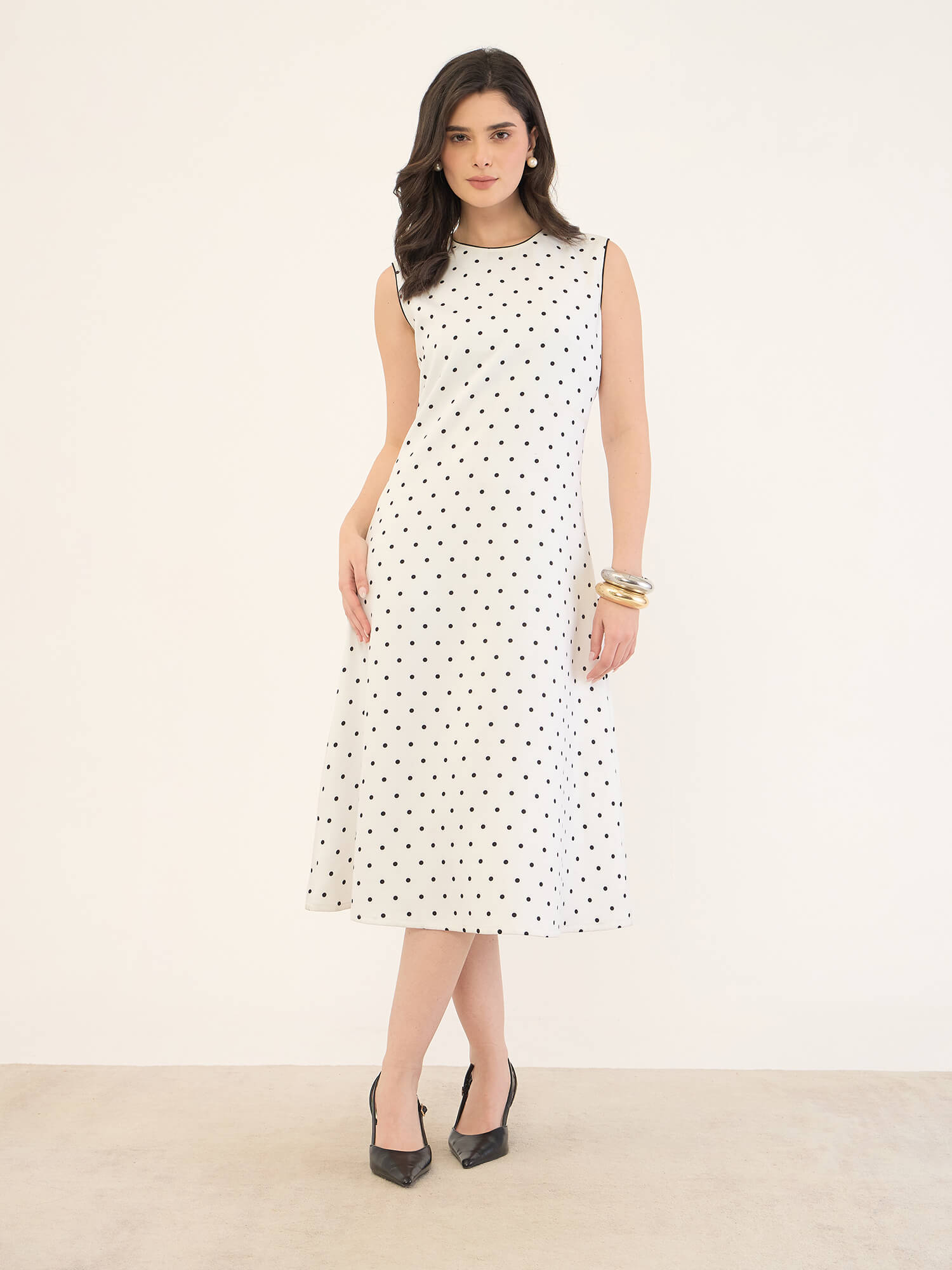 Dotella Contrast Detail Flared Midi Dress -White