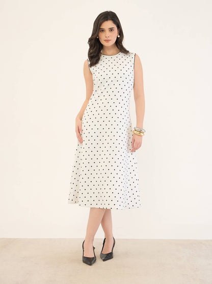 Dotella Contrast Detail Flared Midi Dress -White