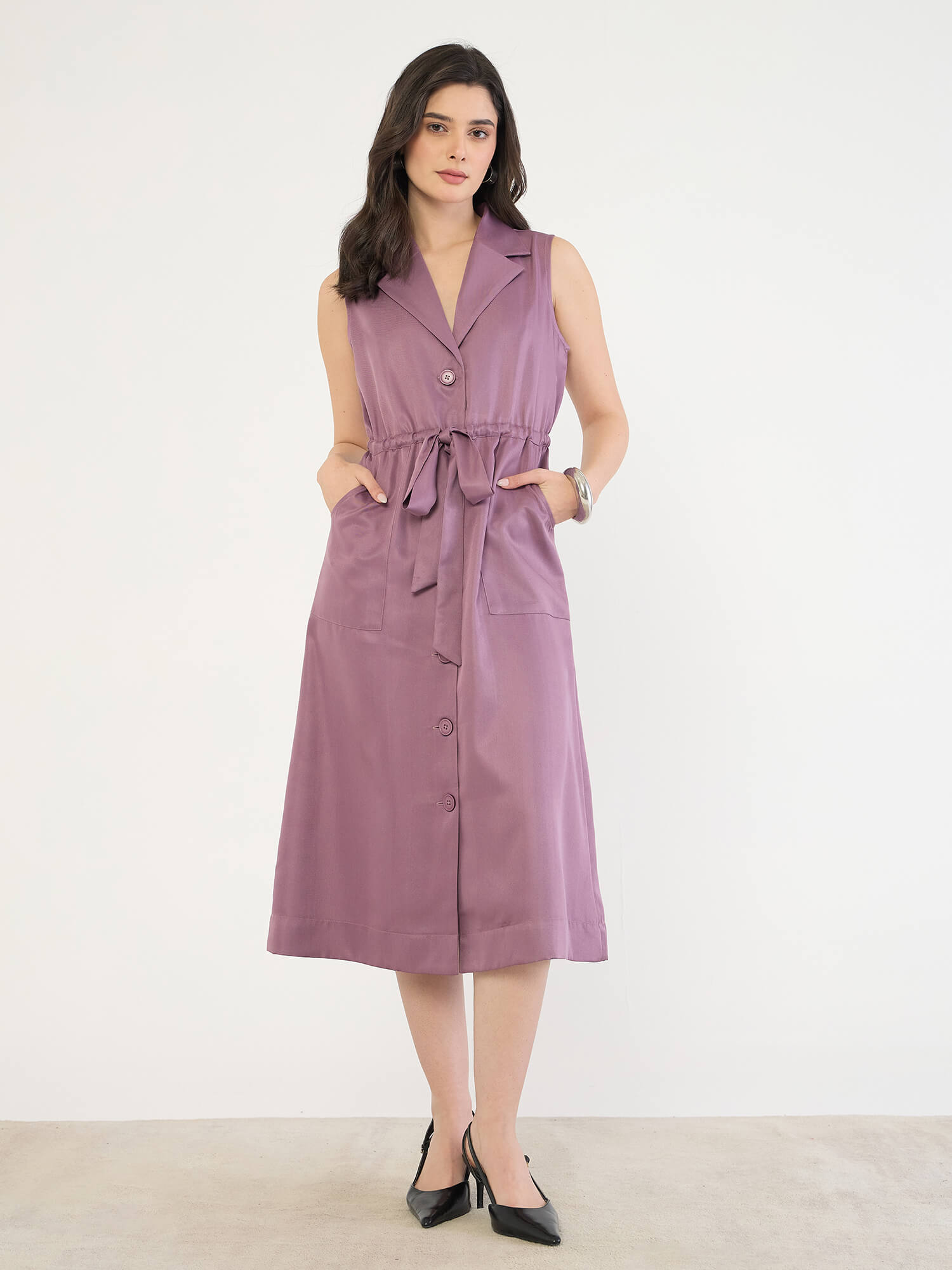 Salento Collared Cord Dress-Mauve