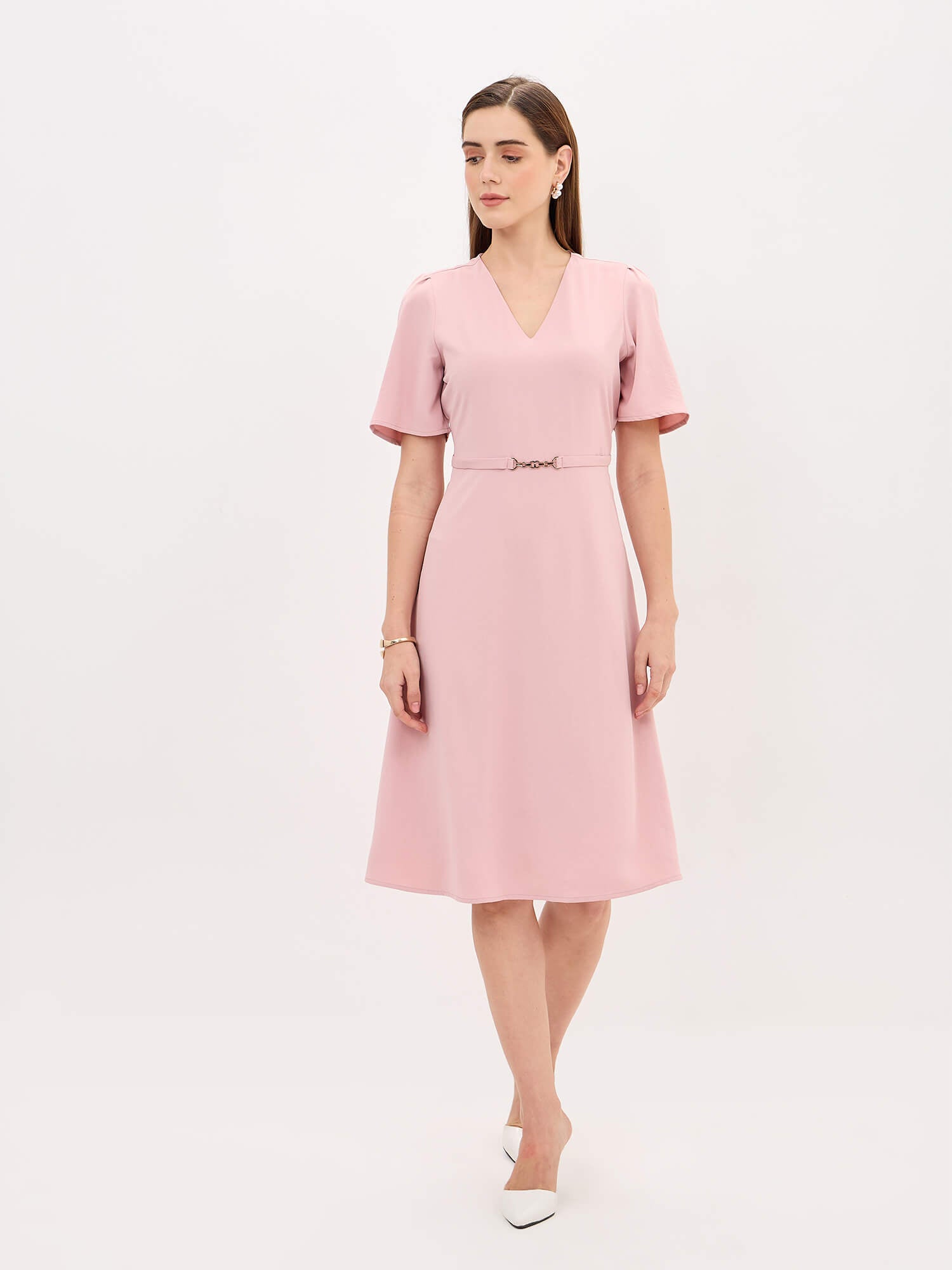 Leslie V-Neck Connector Trim Dress-Dusty Pink