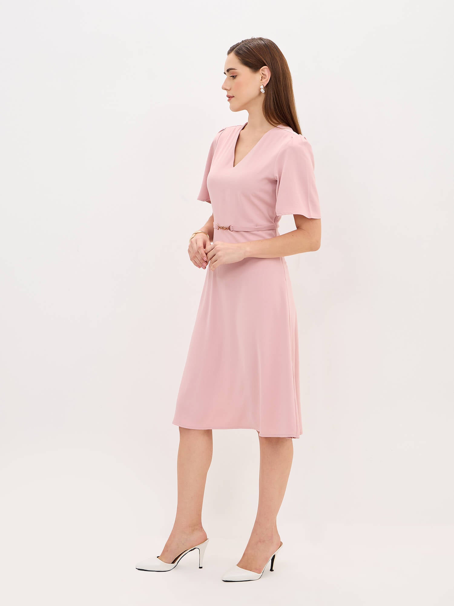 Leslie V-Neck With Flutter Sleeves Dress-Dusty Pink