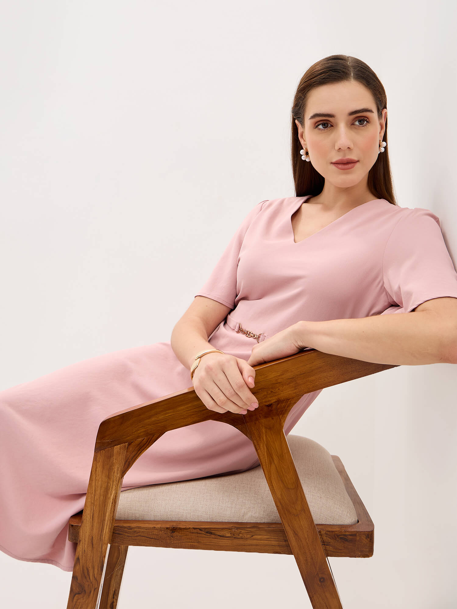 Leslie V-Neck With Flutter Sleeves Dress-Dusty Pink