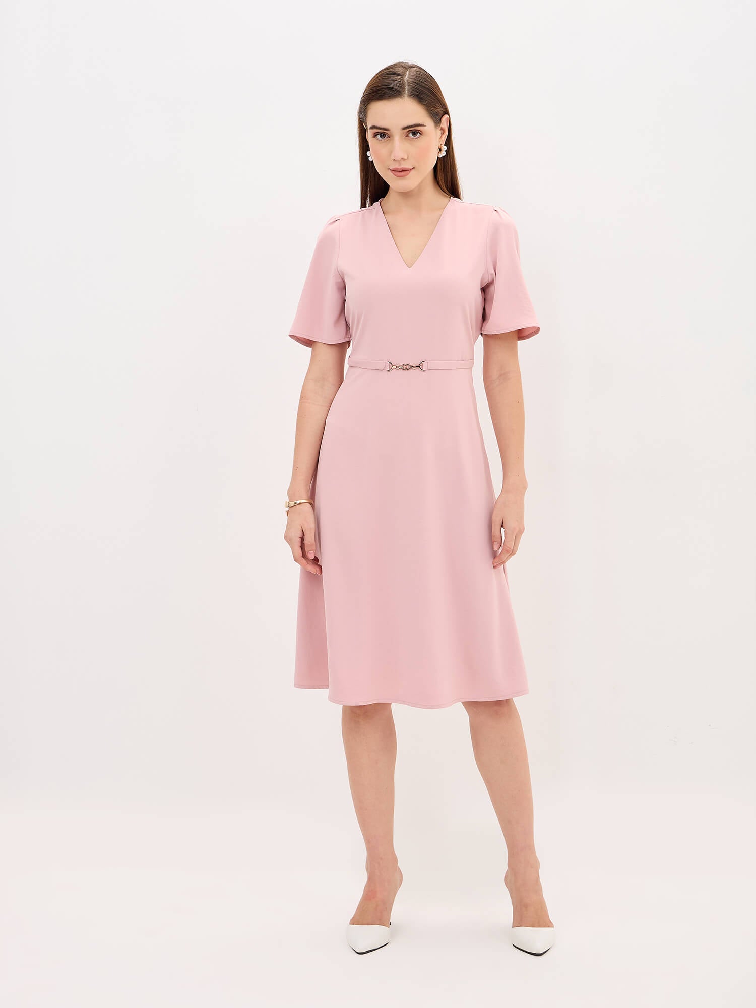 Leslie V-Neck With Flutter Sleeves Dress-Dusty Pink