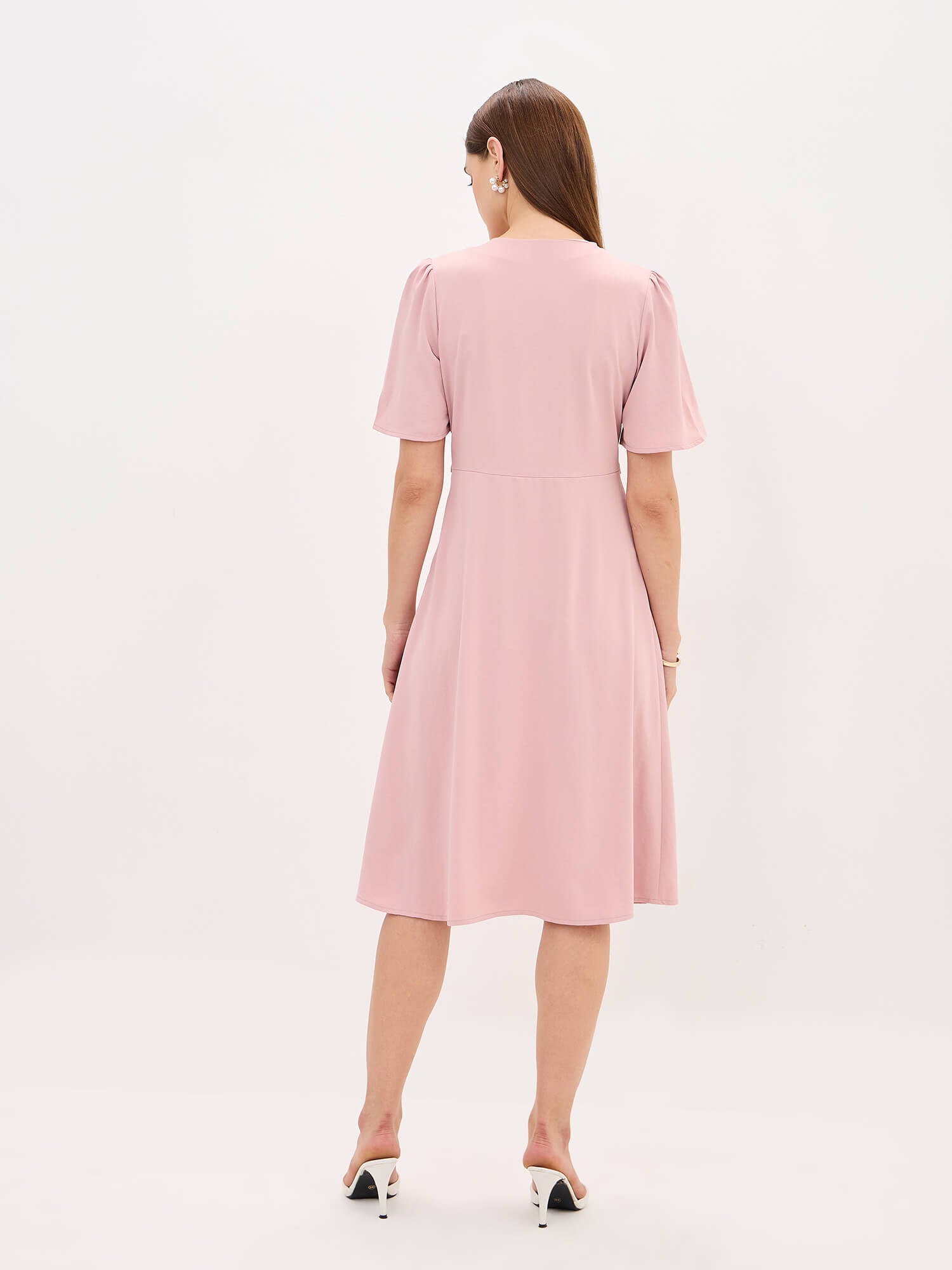 Leslie V-Neck With Flutter Sleeves Dress-Dusty Pink