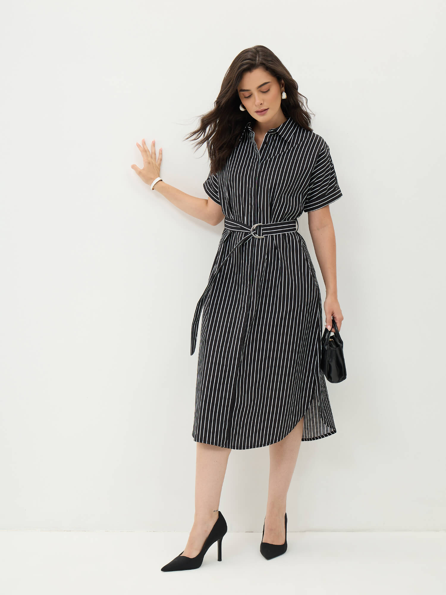 Avelin Belted Shirt Dress-Black