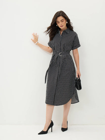 Avelin Belted Shirt Dress-Black
